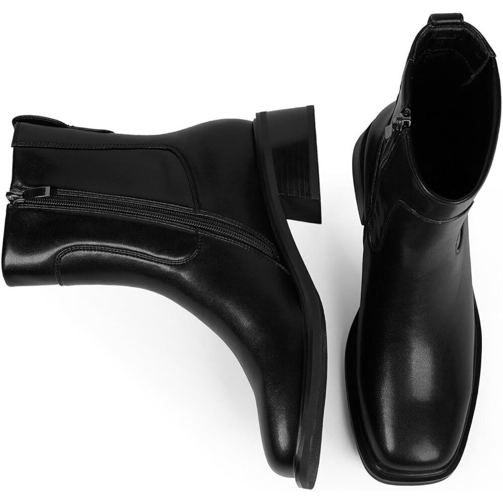 Women's Black Low Heel Square Toe Chunky Short Boot Fall Boots with Side Zipper - Picture 6 of 7
